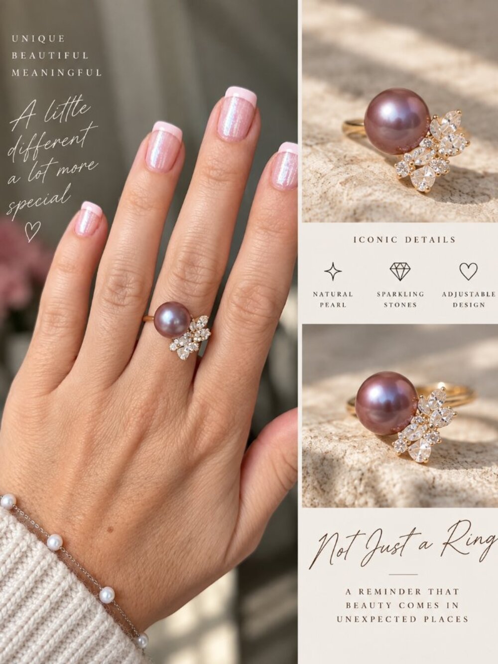 Genuine Pearl Ring Gold Plated Adjustable Size Purple with CZ
